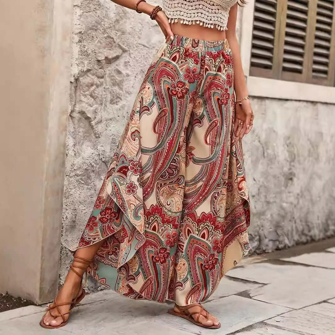 Elegant High Waist Casual Bohemian Vacation Style Wide Leg Pants eprolo