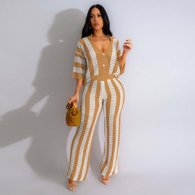 Women's Sexy V-neck Hollow Striped Lapel Knitted Width Blouse And Pants eprolo