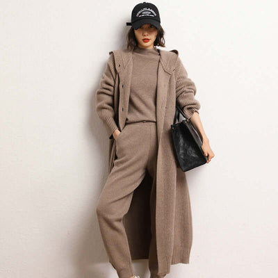Long Below Knee Thickening Hooded Sweater Horn Button Trench Coat eprolo