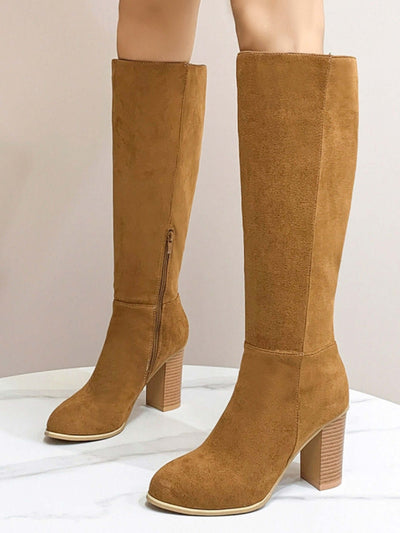 Women's high heel fashion boots in brown suede with square toe and block heel, perfect for casual wear.