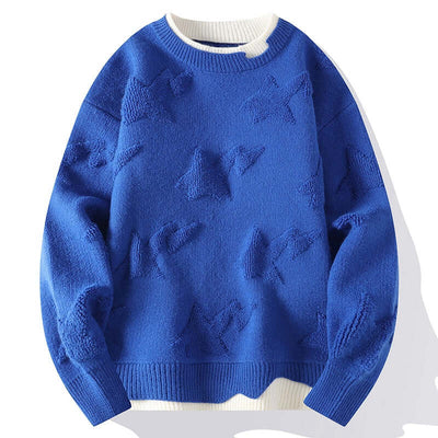 Blue round neck pullover sweater with star pattern for men, perfect for autumn and winter, available in plus sizes.