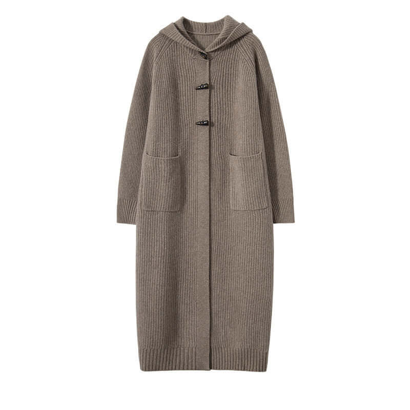 Long Below Knee Thickening Hooded Sweater Horn Button Trench Coat eprolo