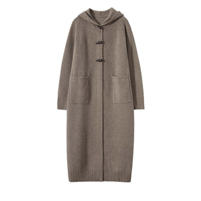 Long Below Knee Thickening Hooded Sweater Horn Button Trench Coat eprolo