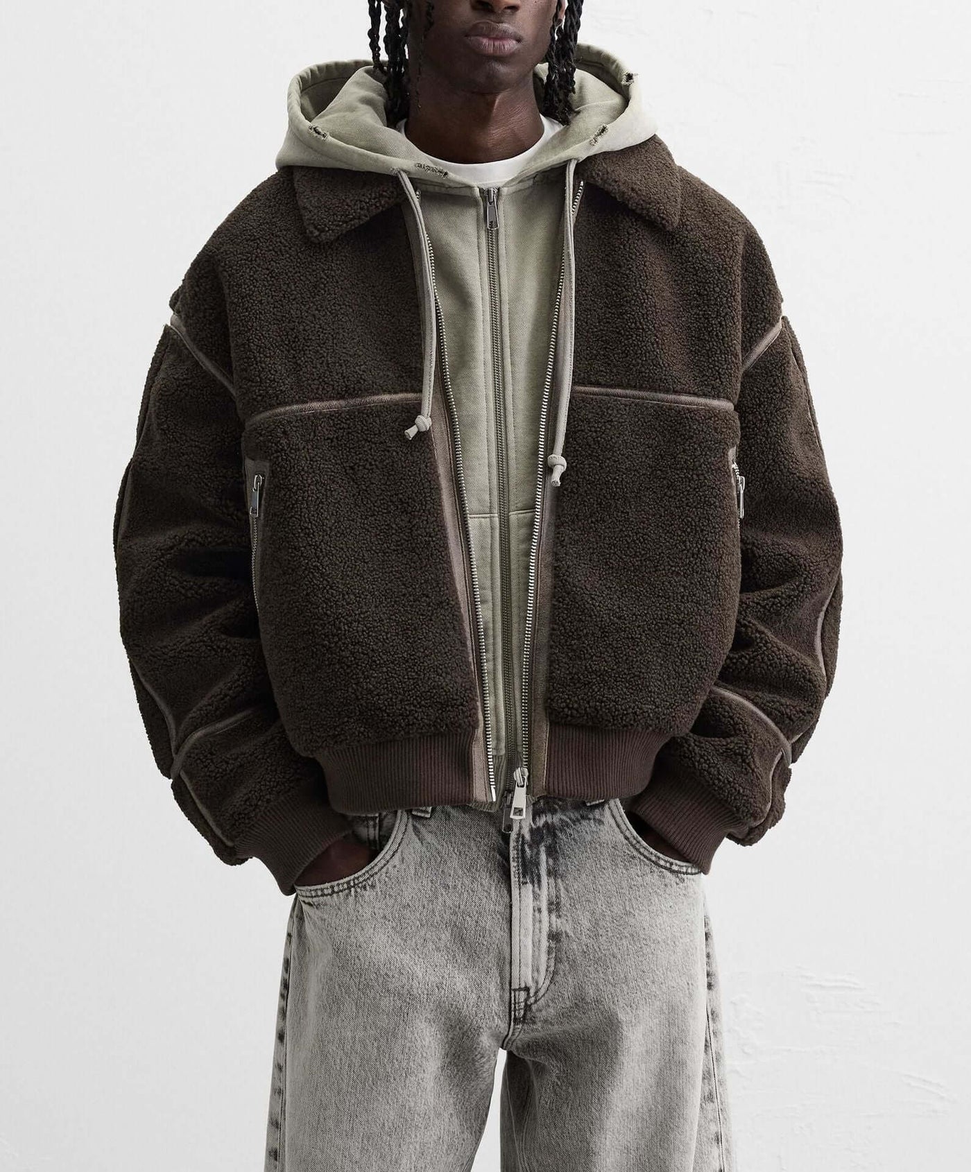 Men's casual fleece jacket in dark brown, featuring a cropped design with solid color, perfect for winter wear.