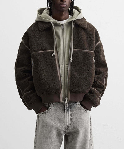 Men's casual fleece jacket in dark brown, featuring a cropped design with solid color, perfect for winter wear.