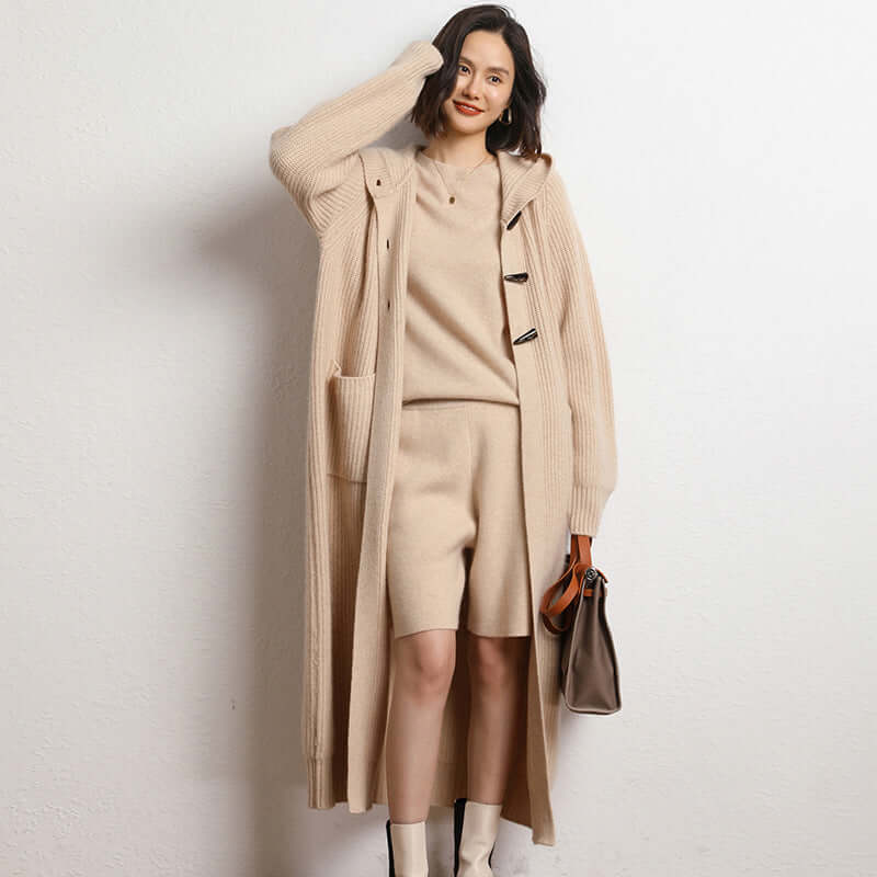Long Below Knee Thickening Hooded Sweater Horn Button Trench Coat eprolo