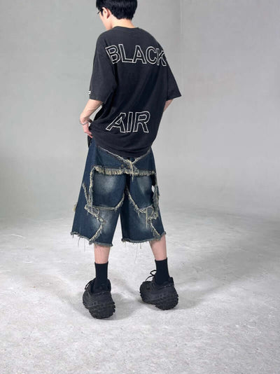 American Retro Frayed Five-pointed Star Denim Shorts Loose eprolo