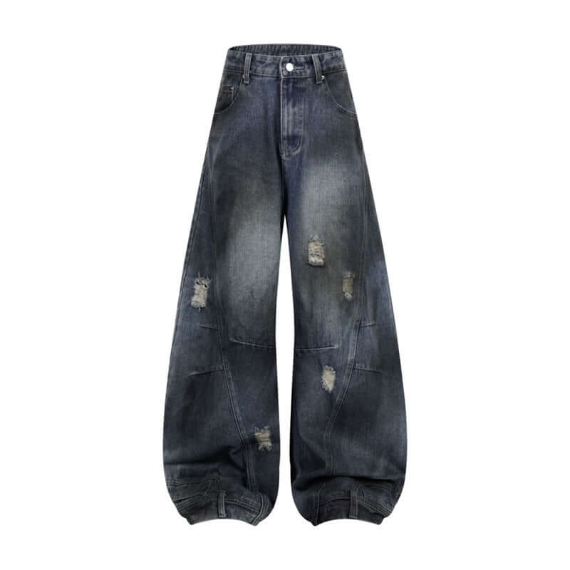 Retro washed ripped straight jeans with deconstruction stitching in dark blue, perfect for street fashion.