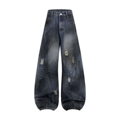 Retro washed ripped straight jeans with deconstruction stitching in dark blue, perfect for street fashion.