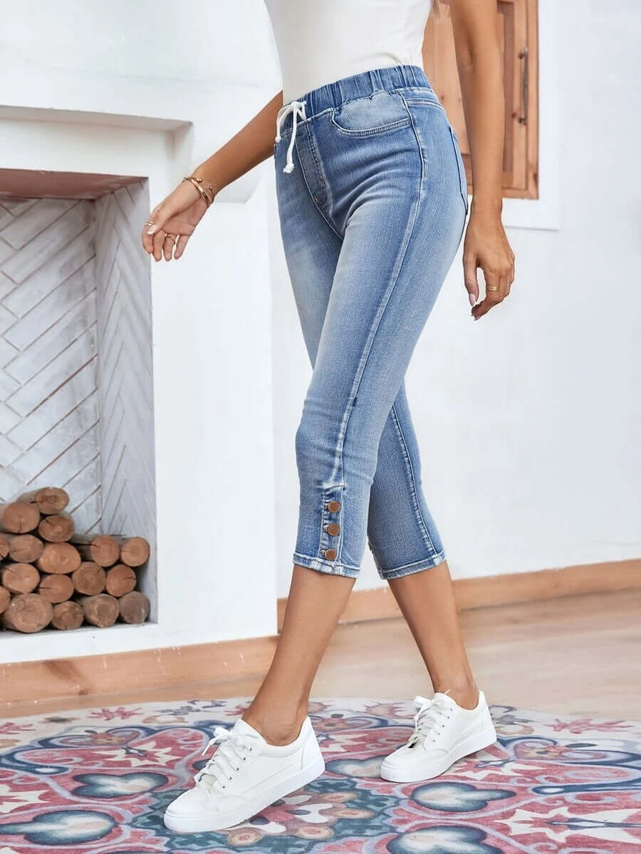 Elastic Waistband Lace-up Stretch Jeans For Women Dropshipman