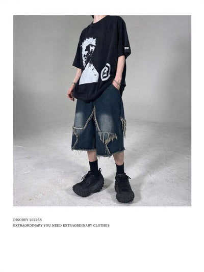 American Retro Frayed Five-pointed Star Denim Shorts Loose eprolo