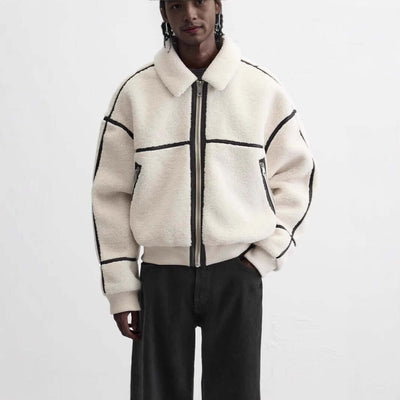 Men's simple lapel fleece jacket in ground white with black accents, perfect for casual winter wear.