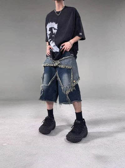 American Retro Frayed Five-pointed Star Denim Shorts Loose eprolo