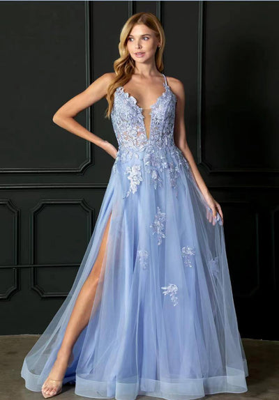 Elegant long evening dress with spaghetti straps