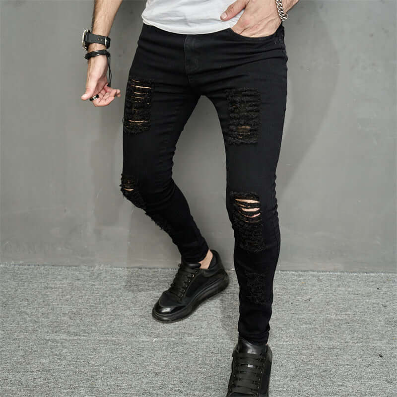 Men's trendy ripped denim jeans in black, mid waist, micro-elastic, perfect for casual outings and all seasons.