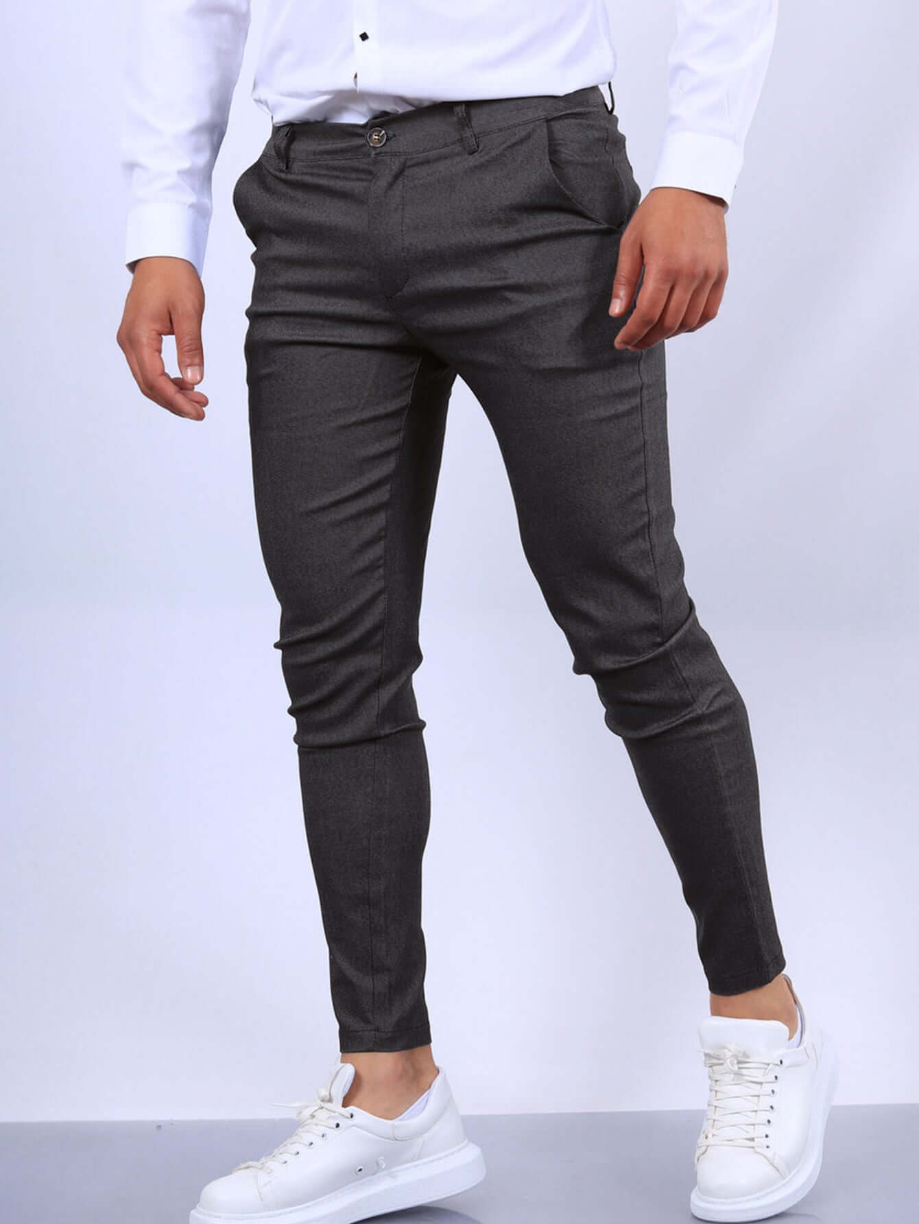 Men's Slim Button Trousers Fashion Solid Office Versatile Long Pencil Pants Astrazona