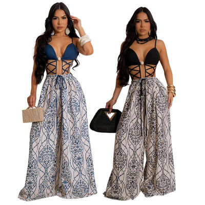 European And American Sexy Strap Lace-up Loose Jumpsuit eprolo