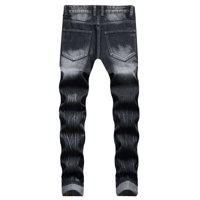 Back view of men's black ripped jeans with decorative flower design, perfect for casual streetwear.