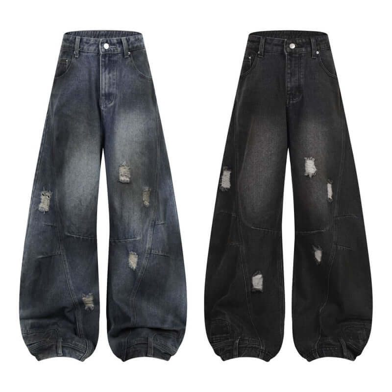 Retro washed ripped straight leg jeans in dark blue and black with deconstruction stitching for street fashion.