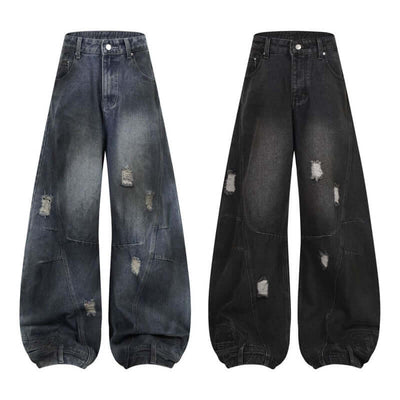 Retro washed ripped straight leg jeans in dark blue and black with deconstruction stitching for street fashion.
