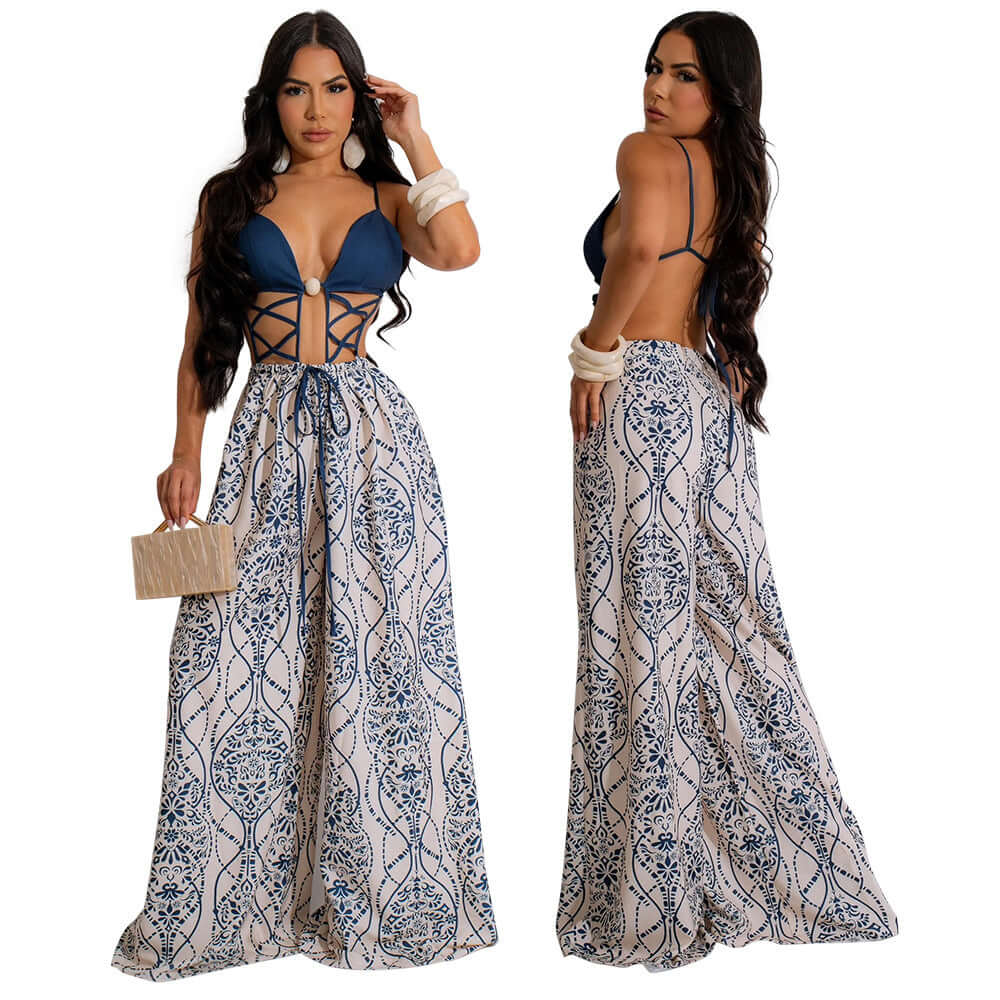 European And American Sexy Strap Lace-up Loose Jumpsuit eprolo