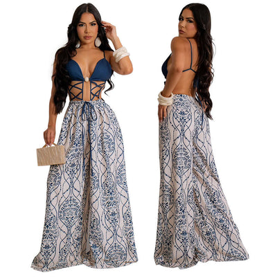 European And American Sexy Strap Lace-up Loose Jumpsuit eprolo