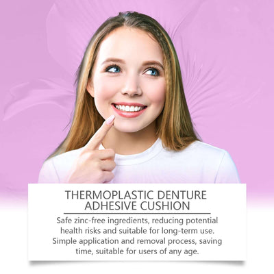 A woman smiling, promoting thermoplastic denture adhesive cushion with safe ingredients for all ages.