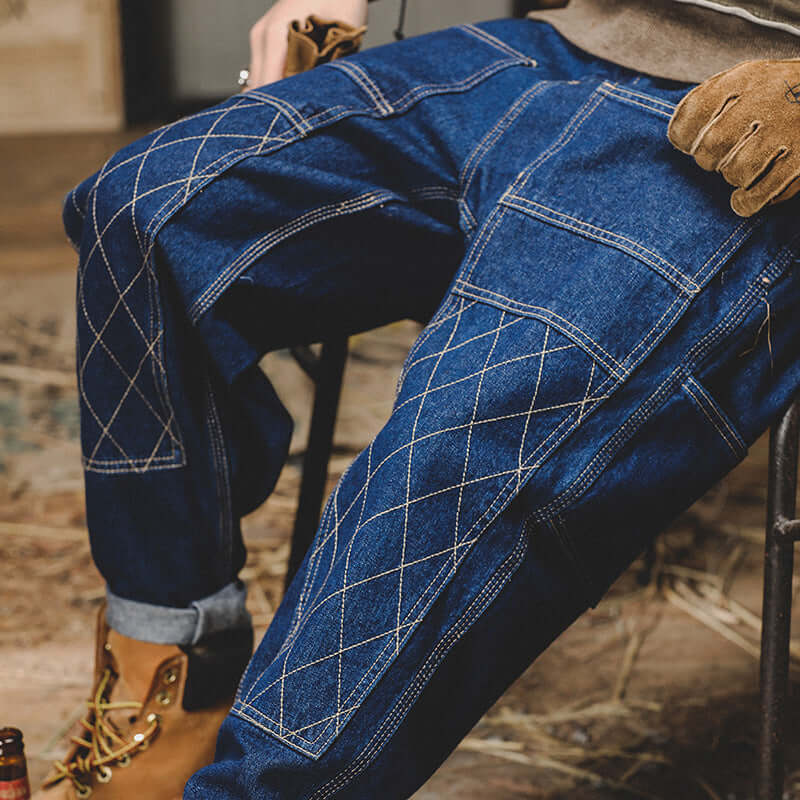 Men's retro workwear jeans in blue with diamond stitching, styled for autumn comfort and loose fit.