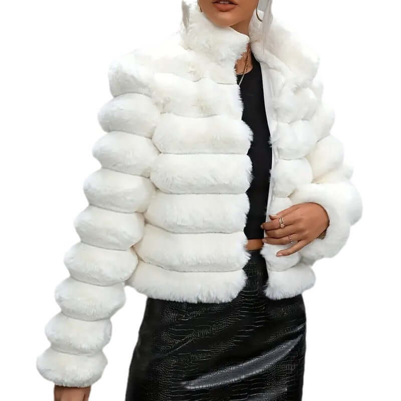 Short white imitation fur coat for women with faux fur collar, perfect for autumn and winter fashion.