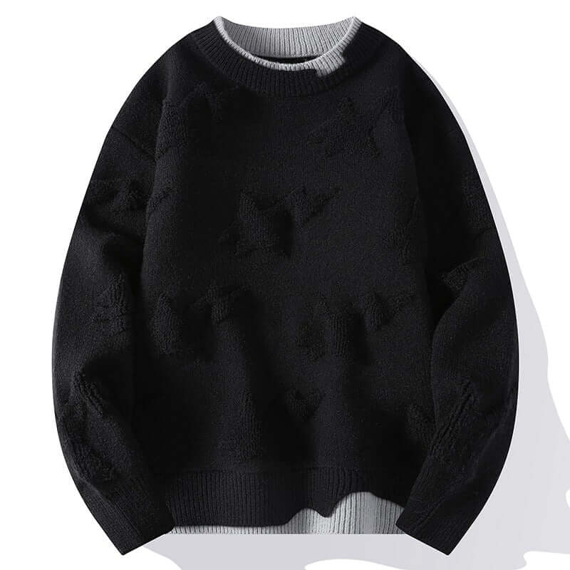 Black round neck sweater knitwear for men, perfect for autumn and winter, featuring a loose pullover style.
