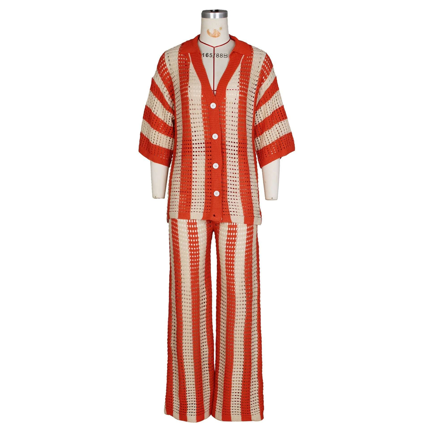 Women's Sexy V-neck Hollow Striped Lapel Knitted Width Blouse And Pants eprolo