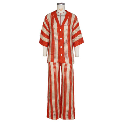 Women's Sexy V-neck Hollow Striped Lapel Knitted Width Blouse And Pants eprolo