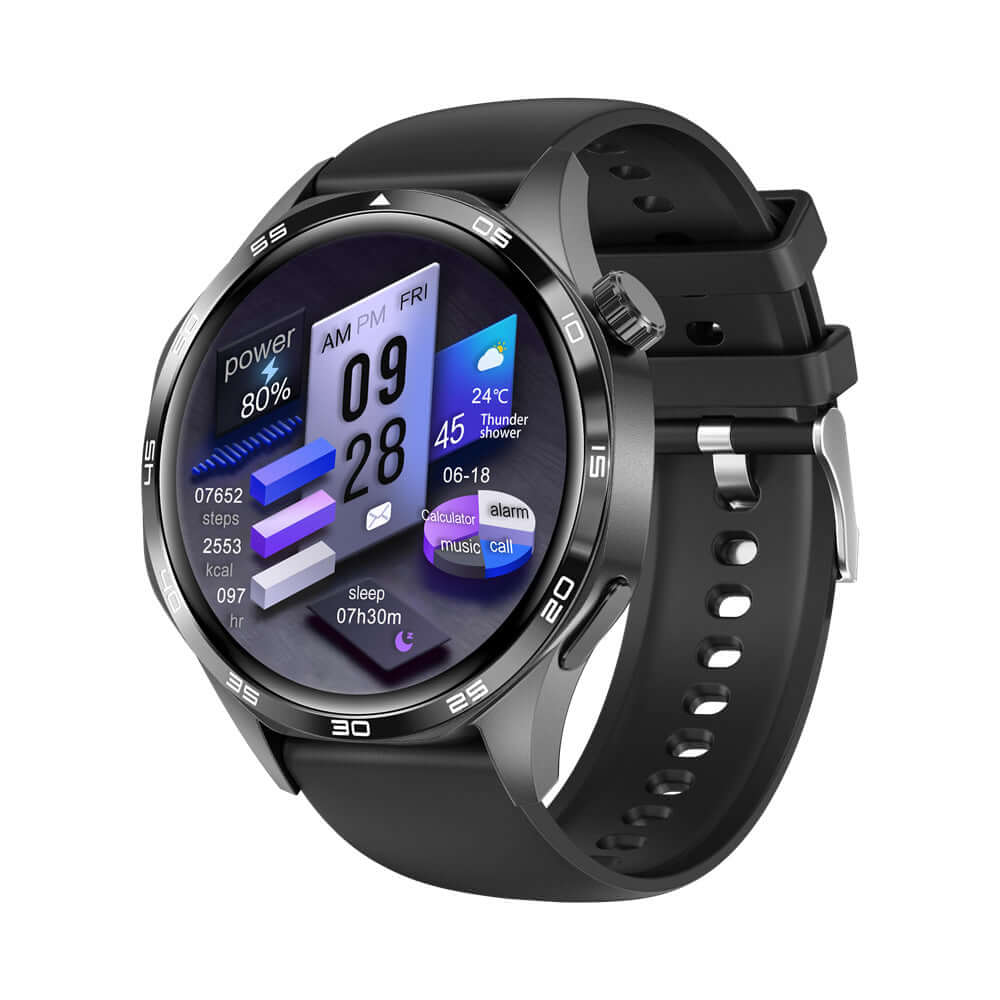WATCH5 PRO Smart Watch in black, showcasing fitness metrics, Bluetooth calling, and touch screen features.