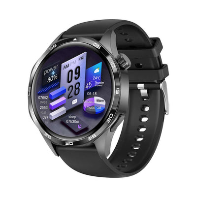 WATCH5 PRO Smart Watch in black, showcasing fitness metrics, Bluetooth calling, and touch screen features.