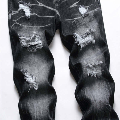 Men's black ripped jeans with decorative flower patterns, straight fit, stylish and casual for all seasons.