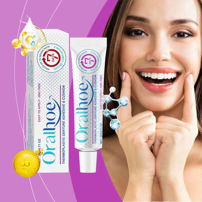 ORALHOE thermoplastic denture adhesive packaging next to a smiling woman showing her teeth.