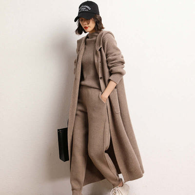 Long Below Knee Thickening Hooded Sweater Horn Button Trench Coat eprolo