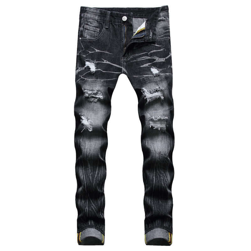 Men's black ripped jeans with decorative flower design, straight fit, suitable for casual wear in all seasons.