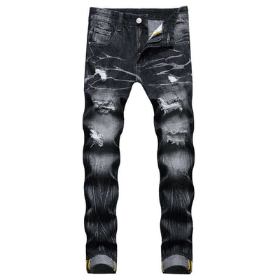 Men's black ripped jeans with decorative flower design, straight fit, suitable for casual wear in all seasons.