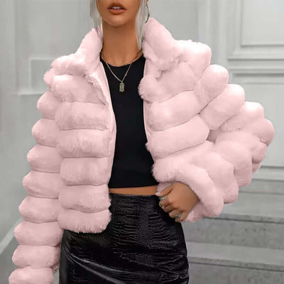 Pink imitation fur coat with faux fur collar for women, perfect for autumn and winter fashion.