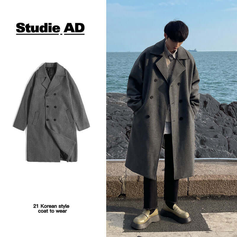 Winter Woolen Men's Mid-length Over-the-knee Suit Collar Double Breasted Woolen Trench Coat Thickened eprolo