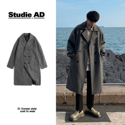 Winter Woolen Men's Mid-length Over-the-knee Suit Collar Double Breasted Woolen Trench Coat Thickened eprolo