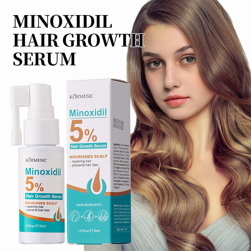 Minoxidil 5% Hair Growth Serum for nourishing scalp and preventing hair loss with a model showcasing the product.