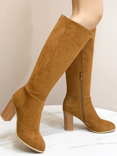 Women's high heel fashion boots in tan with square toe and stylish zip design.