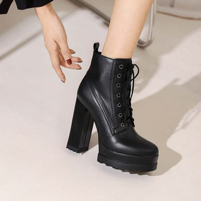 Women's black chunky heel platform boots with lace-up design and high heel, perfect for stylish and waterproof wear.