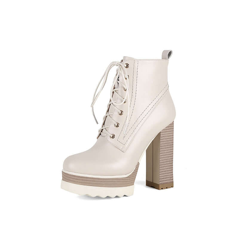 Women's beige chunky heel waterproof platform high heel boots with lace-up design and side zipper.
