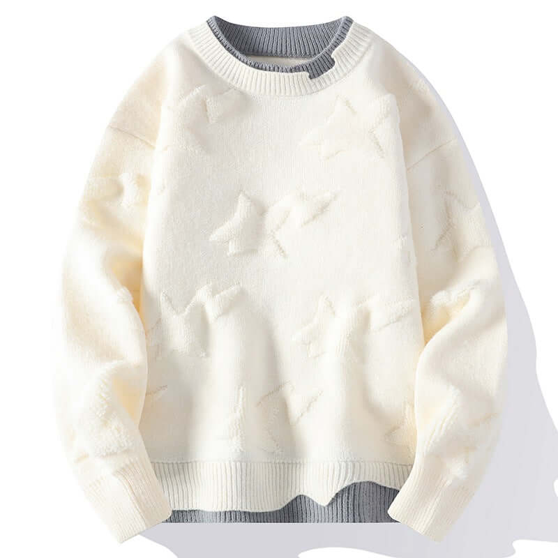 Beige round neck sweater for men, featuring star pattern, perfect for autumn and winter casual wear.