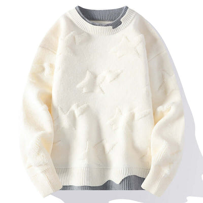Beige round neck sweater for men, featuring star pattern, perfect for autumn and winter casual wear.