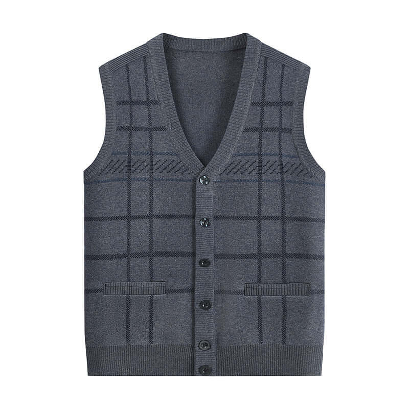 Thickened knitted men's waistcoat vest for elderly, striped pattern, dark gray color, stylish cardigan for comfort.