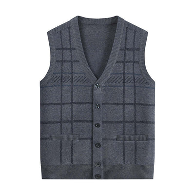 Thickened knitted men's waistcoat vest for elderly, striped pattern, dark gray color, stylish cardigan for comfort.